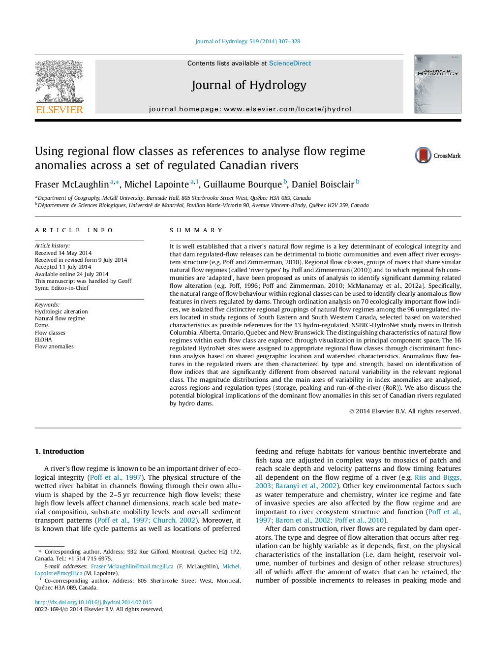 Using regional flow classes as references to analyse flow regime anomalies across a set of regulated Canadian rivers