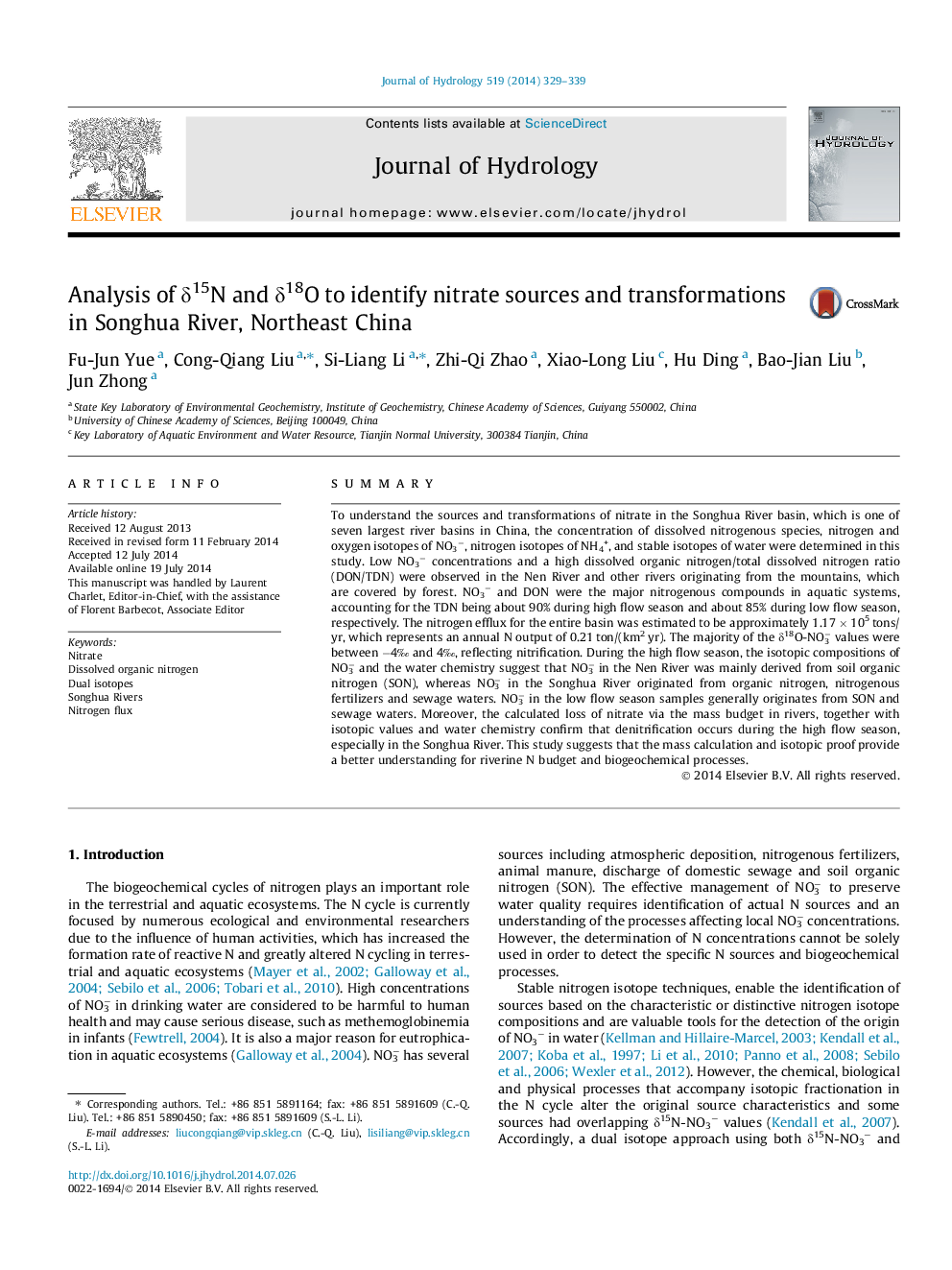 Analysis of Î´15N and Î´18O to identify nitrate sources and transformations in Songhua River, Northeast China