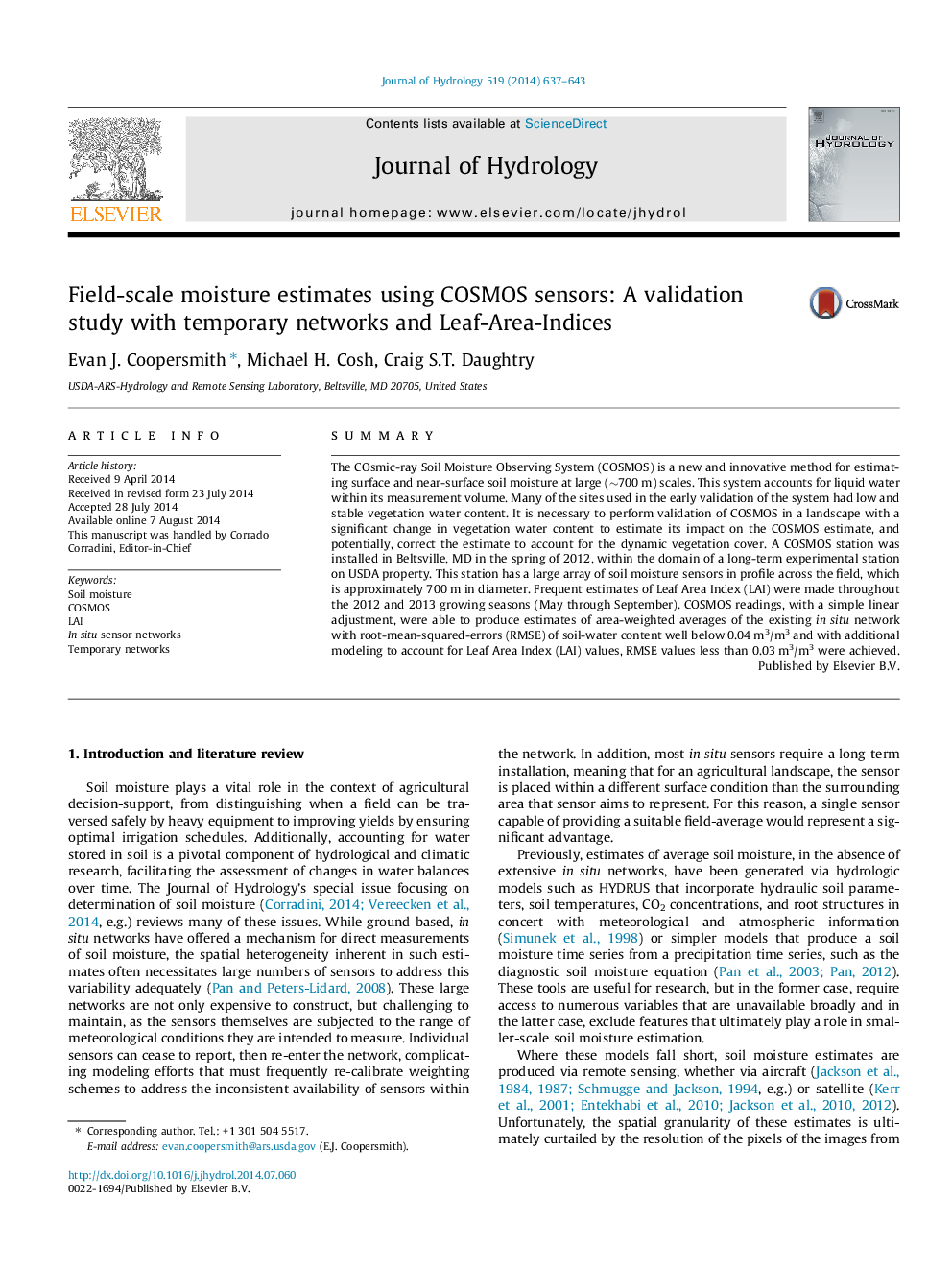 Field-scale moisture estimates using COSMOS sensors: A validation study with temporary networks and Leaf-Area-Indices