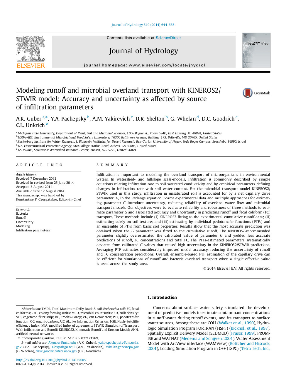 Modeling runoff and microbial overland transport with KINEROS2/STWIR model: Accuracy and uncertainty as affected by source of infiltration parameters