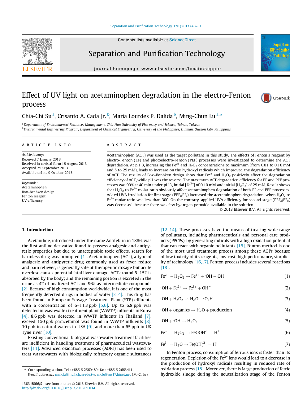 Effect of UV light on acetaminophen degradation in the electro-Fenton process