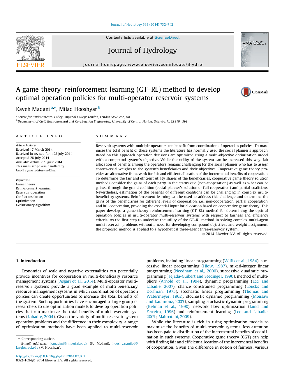 A game theory-reinforcement learning (GT-RL) method to develop optimal operation policies for multi-operator reservoir systems