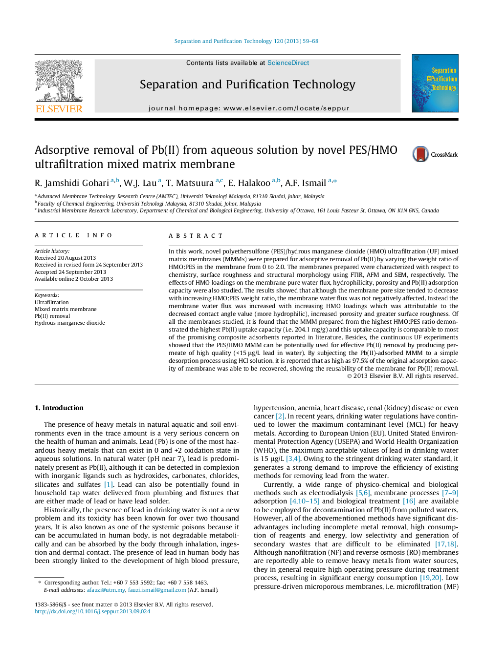 Adsorptive removal of Pb(II) from aqueous solution by novel PES/HMO ultrafiltration mixed matrix membrane