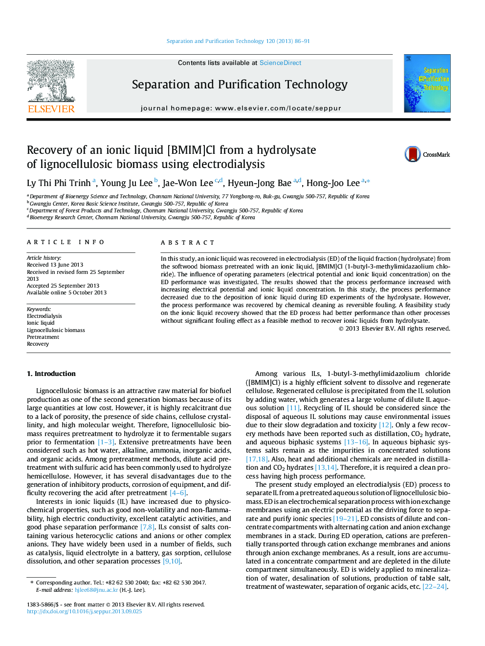 Recovery of an ionic liquid [BMIM]Cl from a hydrolysate of lignocellulosic biomass using electrodialysis