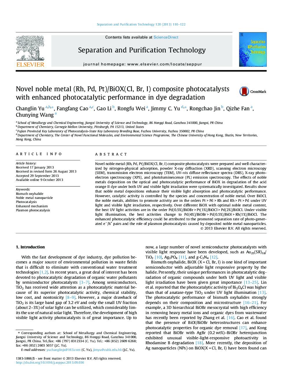 Novel noble metal (Rh, Pd, Pt)/BiOX(Cl, Br, I) composite photocatalysts with enhanced photocatalytic performance in dye degradation