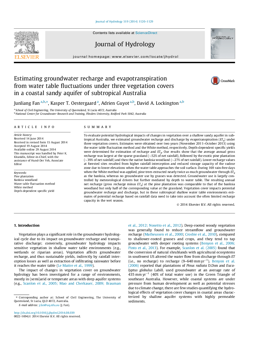 Estimating groundwater recharge and evapotranspiration from water table fluctuations under three vegetation covers in a coastal sandy aquifer of subtropical Australia