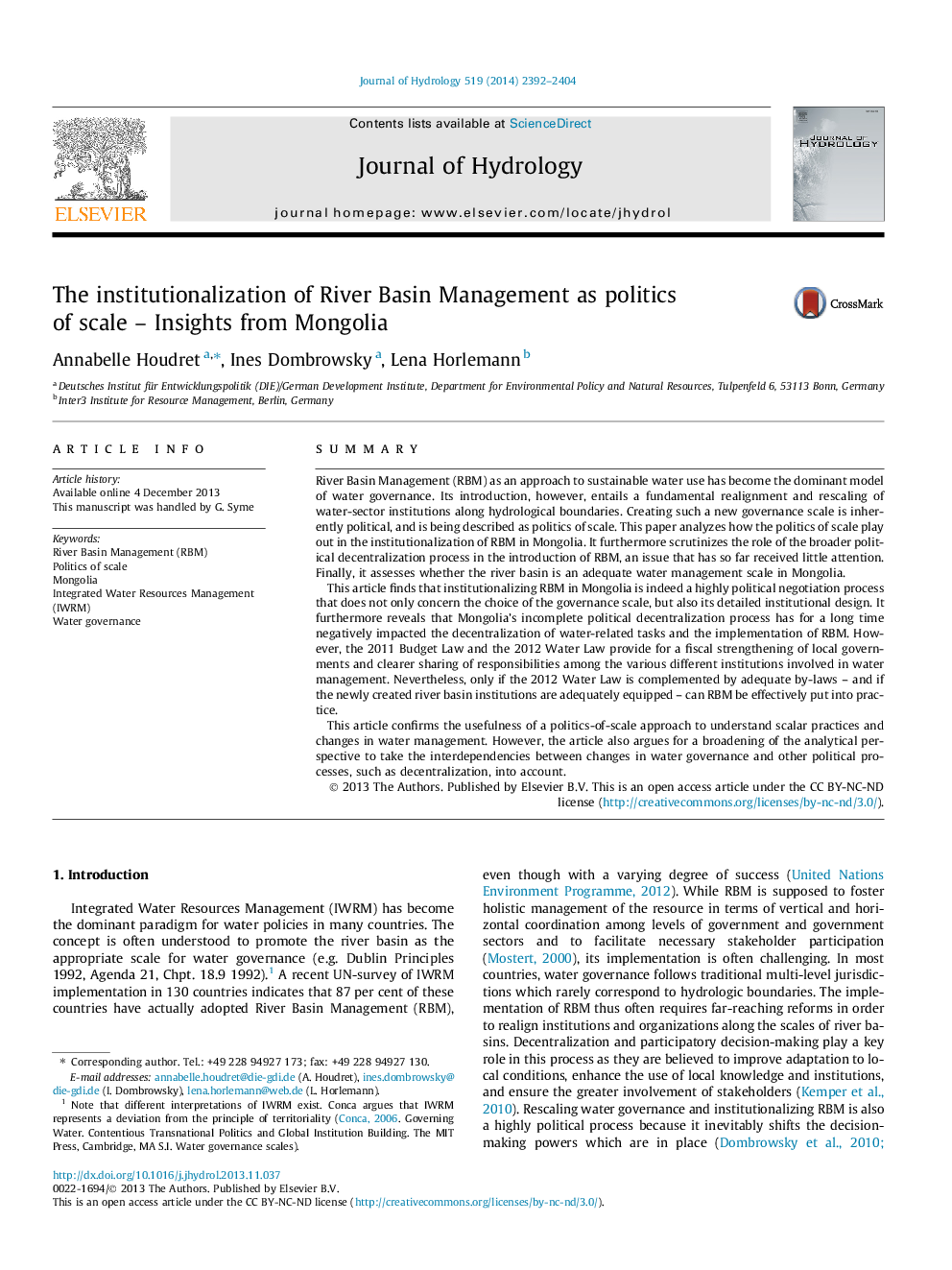 The institutionalization of River Basin Management as politics of scale - Insights from Mongolia