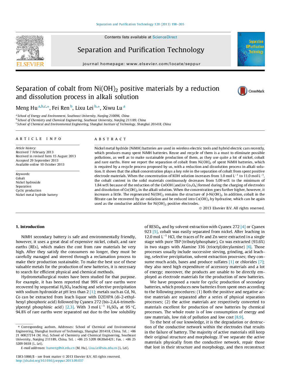 Separation of cobalt from Ni(OH)2 positive materials by a reduction and dissolution process in alkali solution