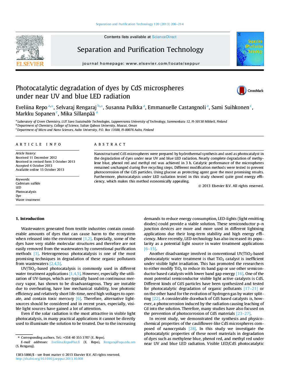 Photocatalytic degradation of dyes by CdS microspheres under near UV and blue LED radiation