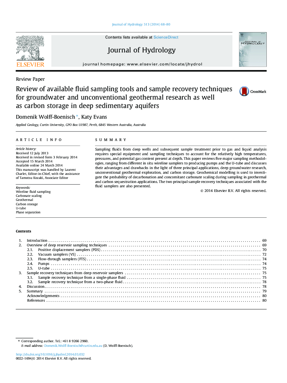 Review PaperReview of available fluid sampling tools and sample recovery techniques for groundwater and unconventional geothermal research as well as carbon storage in deep sedimentary aquifers