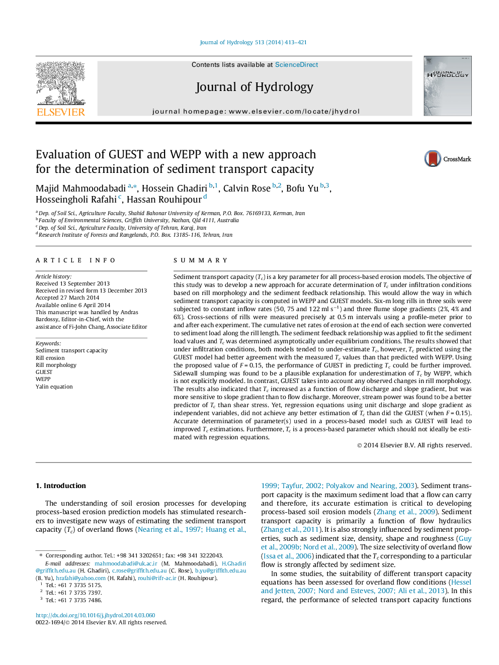 Evaluation of GUEST and WEPP with a new approach for the determination of sediment transport capacity