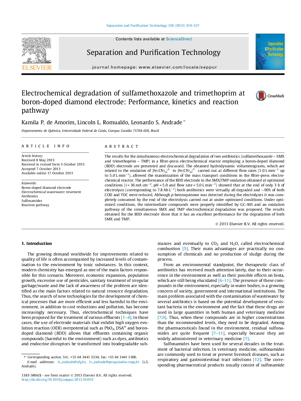 Electrochemical degradation of sulfamethoxazole and trimethoprim at boron-doped diamond electrode: Performance, kinetics and reaction pathway