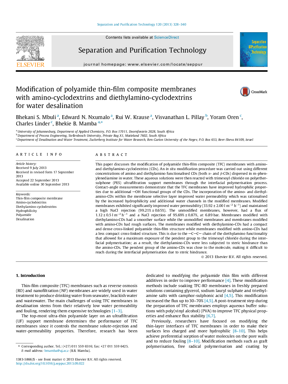 Modification of polyamide thin-film composite membranes with amino-cyclodextrins and diethylamino-cyclodextrins for water desalination