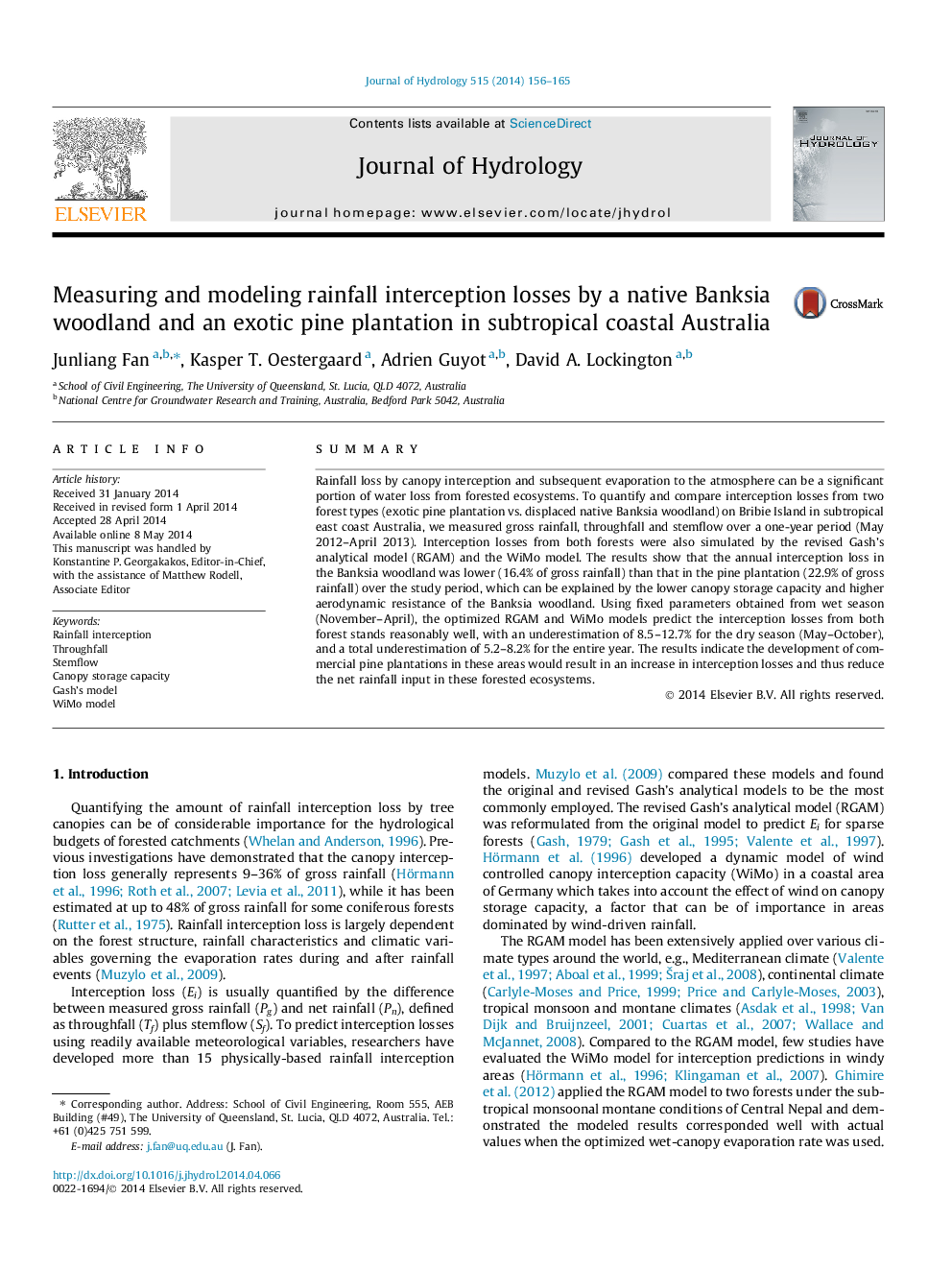 Measuring and modeling rainfall interception losses by a native Banksia woodland and an exotic pine plantation in subtropical coastal Australia