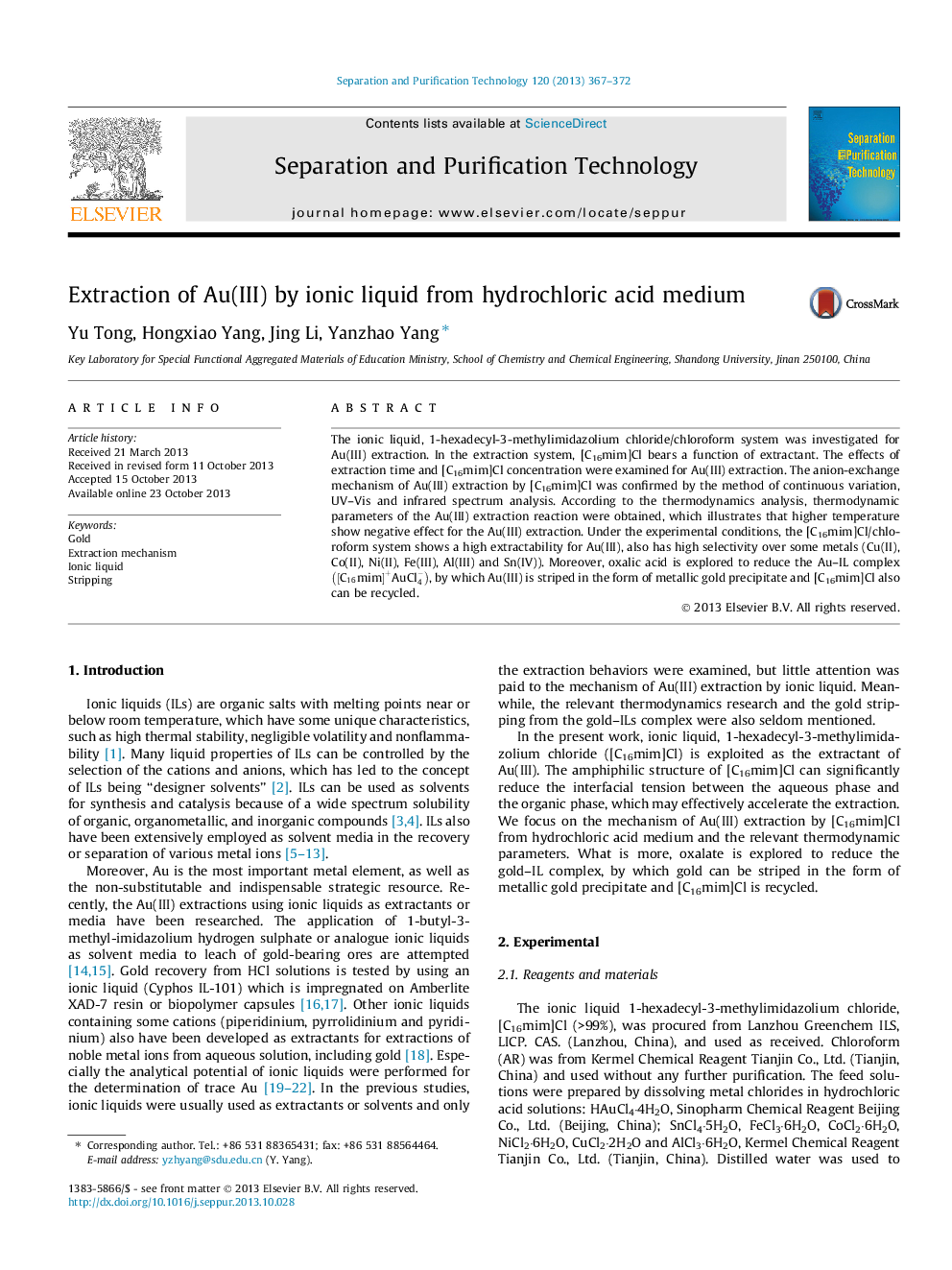 Extraction of Au(III) by ionic liquid from hydrochloric acid medium