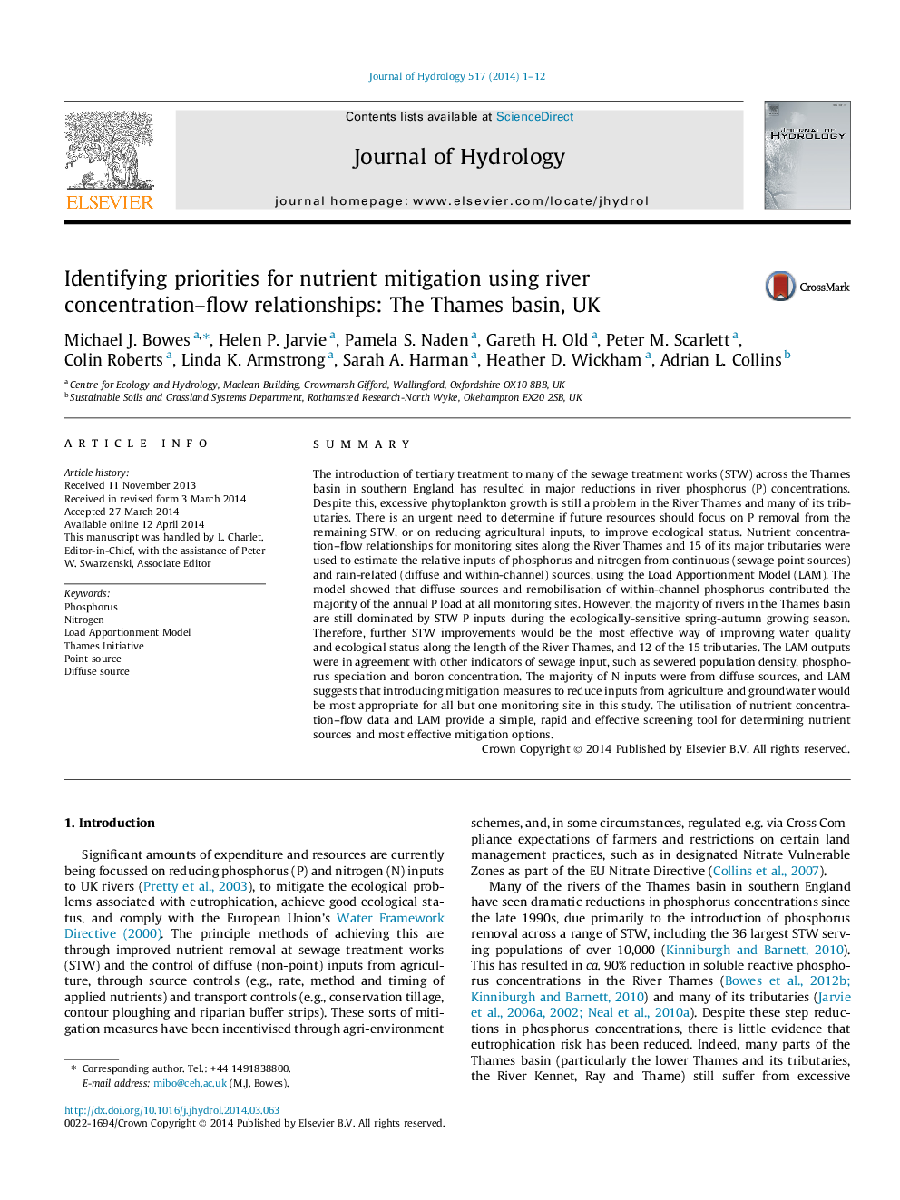 Identifying priorities for nutrient mitigation using river concentration-flow relationships: The Thames basin, UK