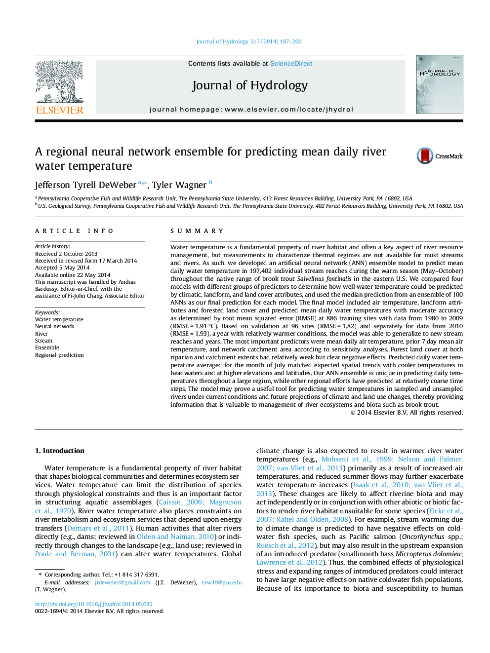 A regional neural network ensemble for predicting mean daily river water temperature