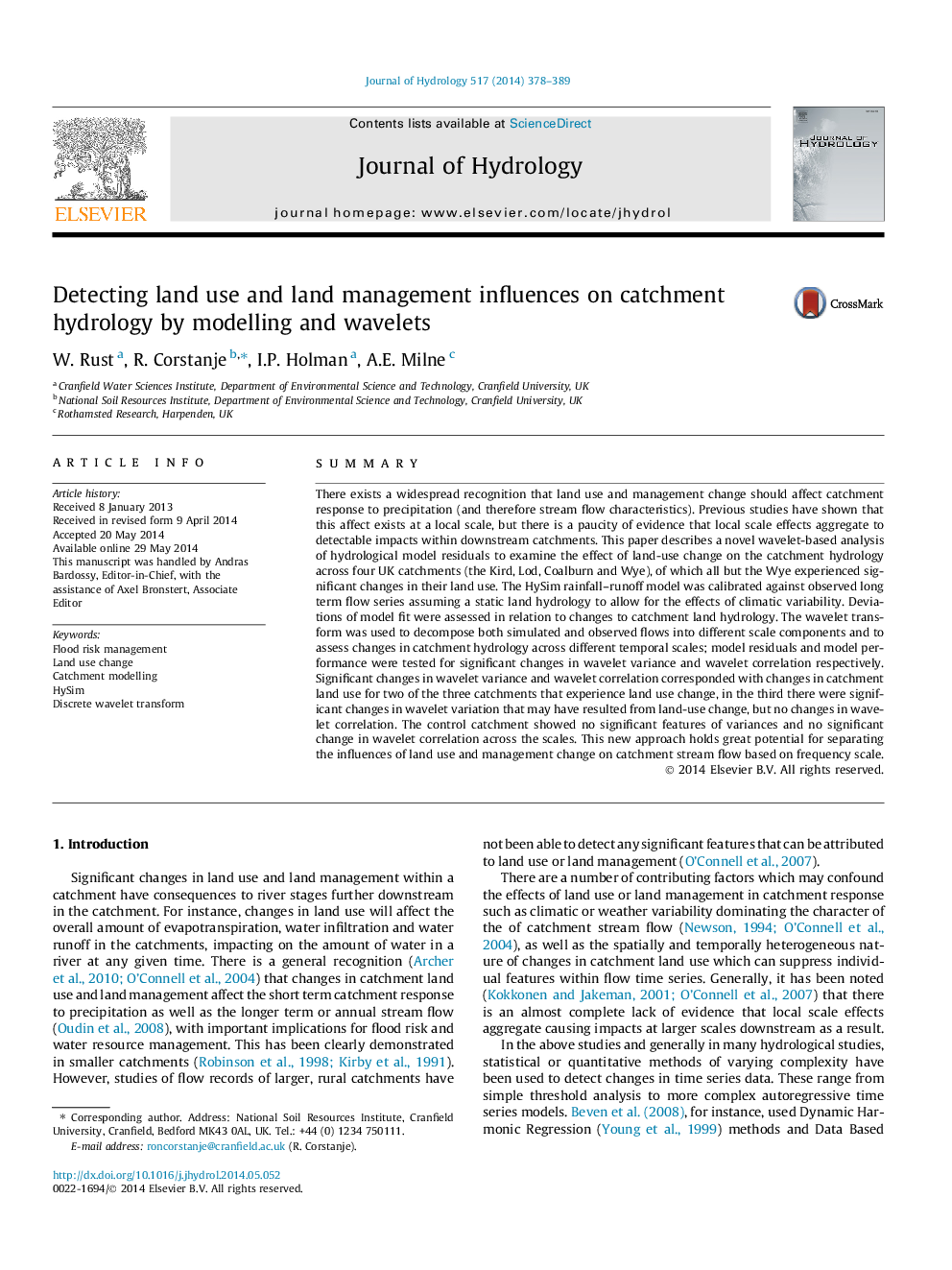 Detecting land use and land management influences on catchment hydrology by modelling and wavelets