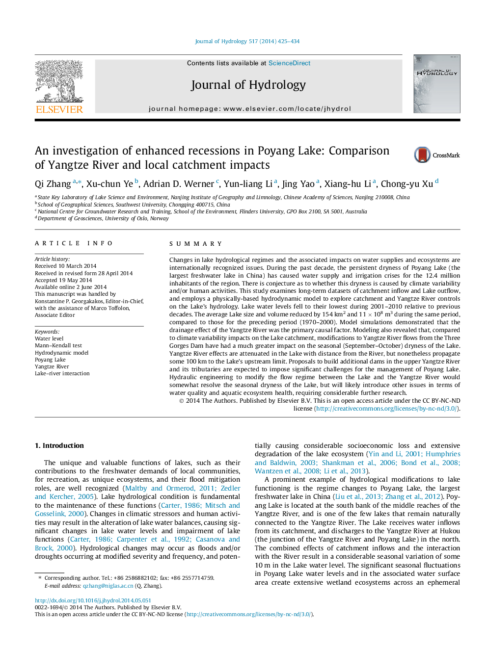 An investigation of enhanced recessions in Poyang Lake: Comparison of Yangtze River and local catchment impacts