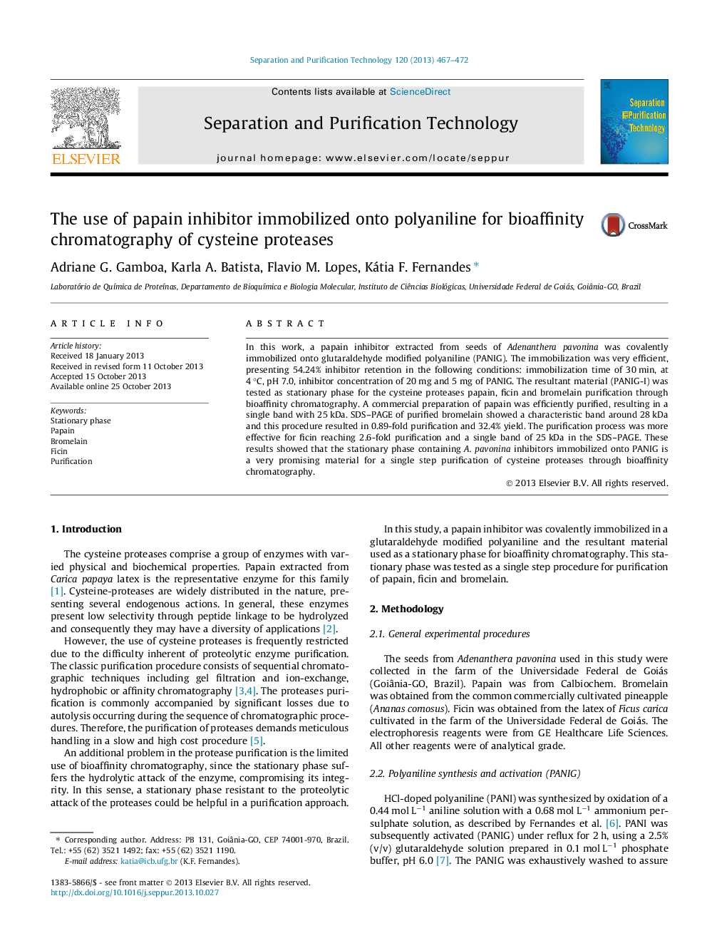 The use of papain inhibitor immobilized onto polyaniline for bioaffinity chromatography of cysteine proteases