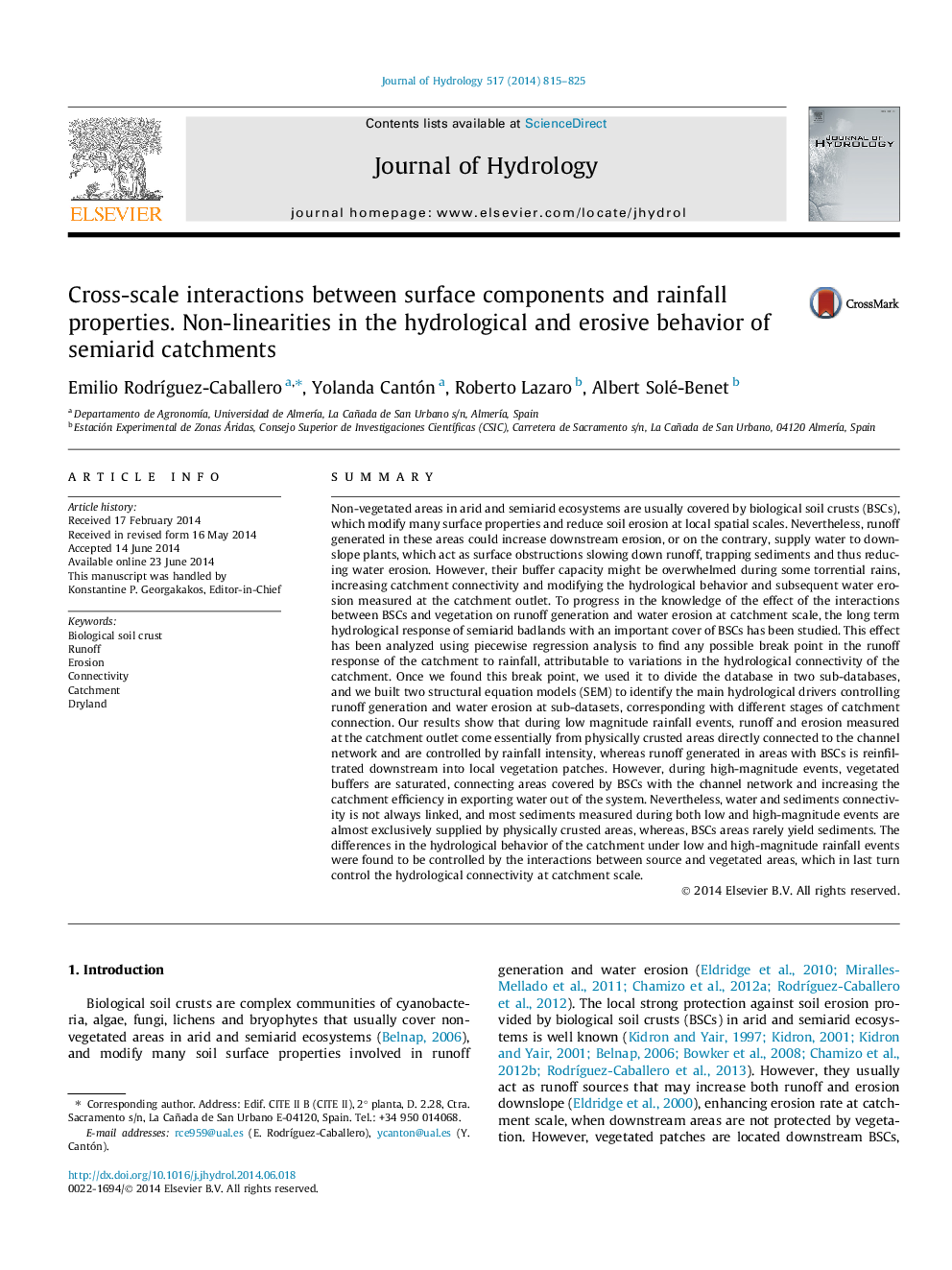 Cross-scale interactions between surface components and rainfall properties. Non-linearities in the hydrological and erosive behavior of semiarid catchments