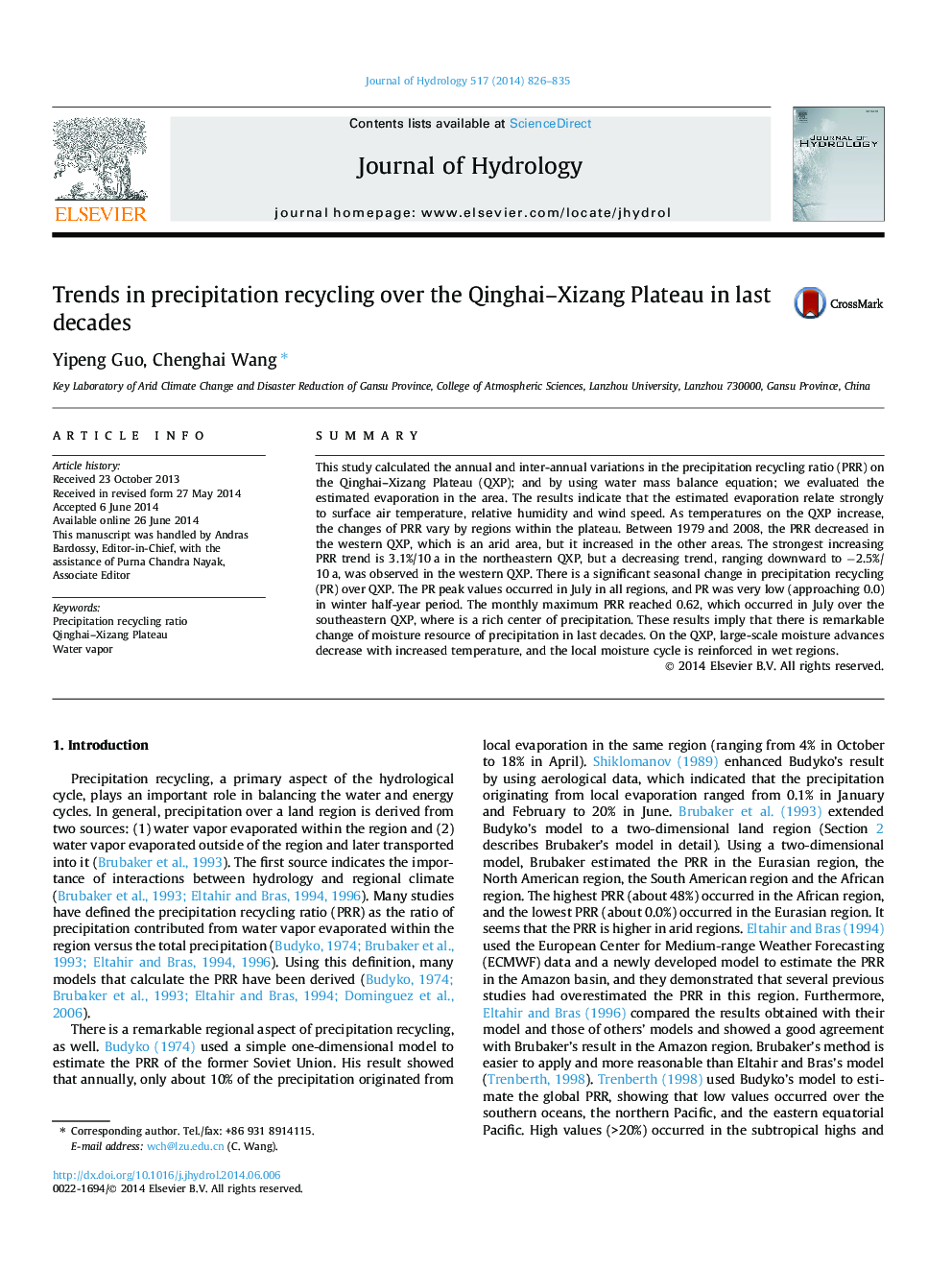 Trends in precipitation recycling over the Qinghai-Xizang Plateau in last decades