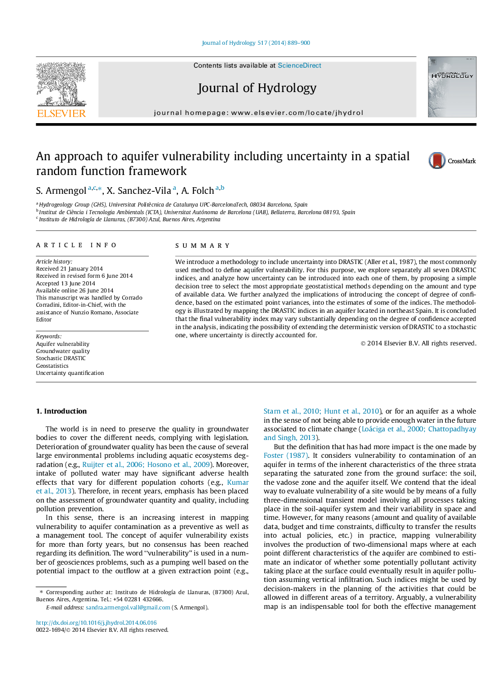 An approach to aquifer vulnerability including uncertainty in a spatial random function framework