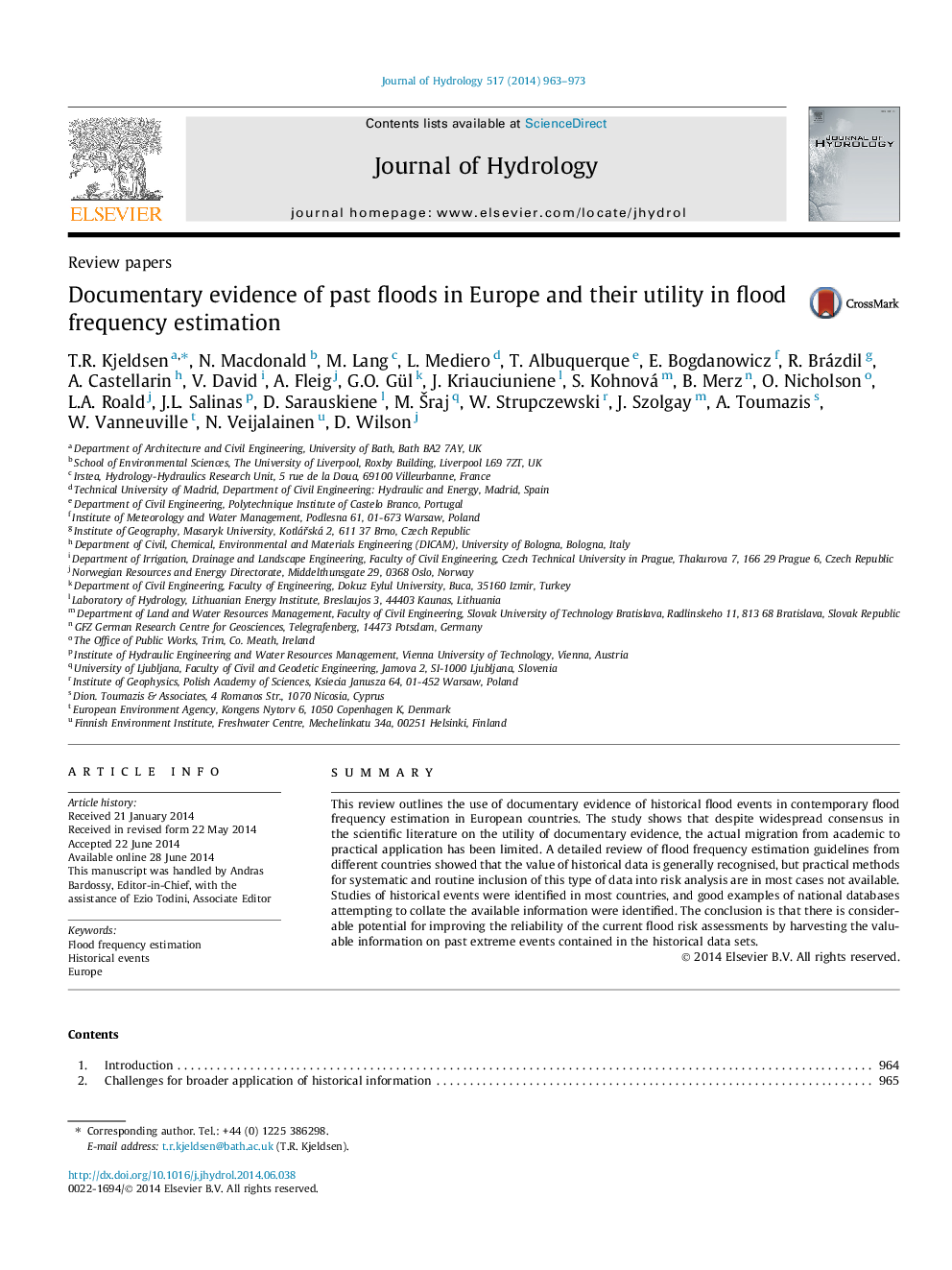 Review papersDocumentary evidence of past floods in Europe and their utility in flood frequency estimation