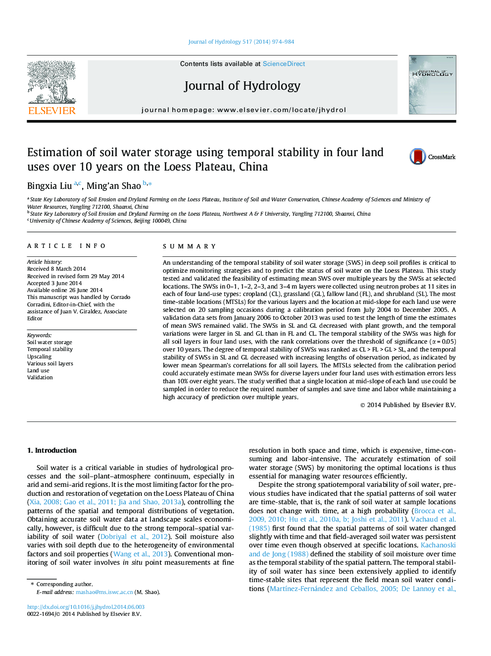 Estimation of soil water storage using temporal stability in four land uses over 10 years on the Loess Plateau, China