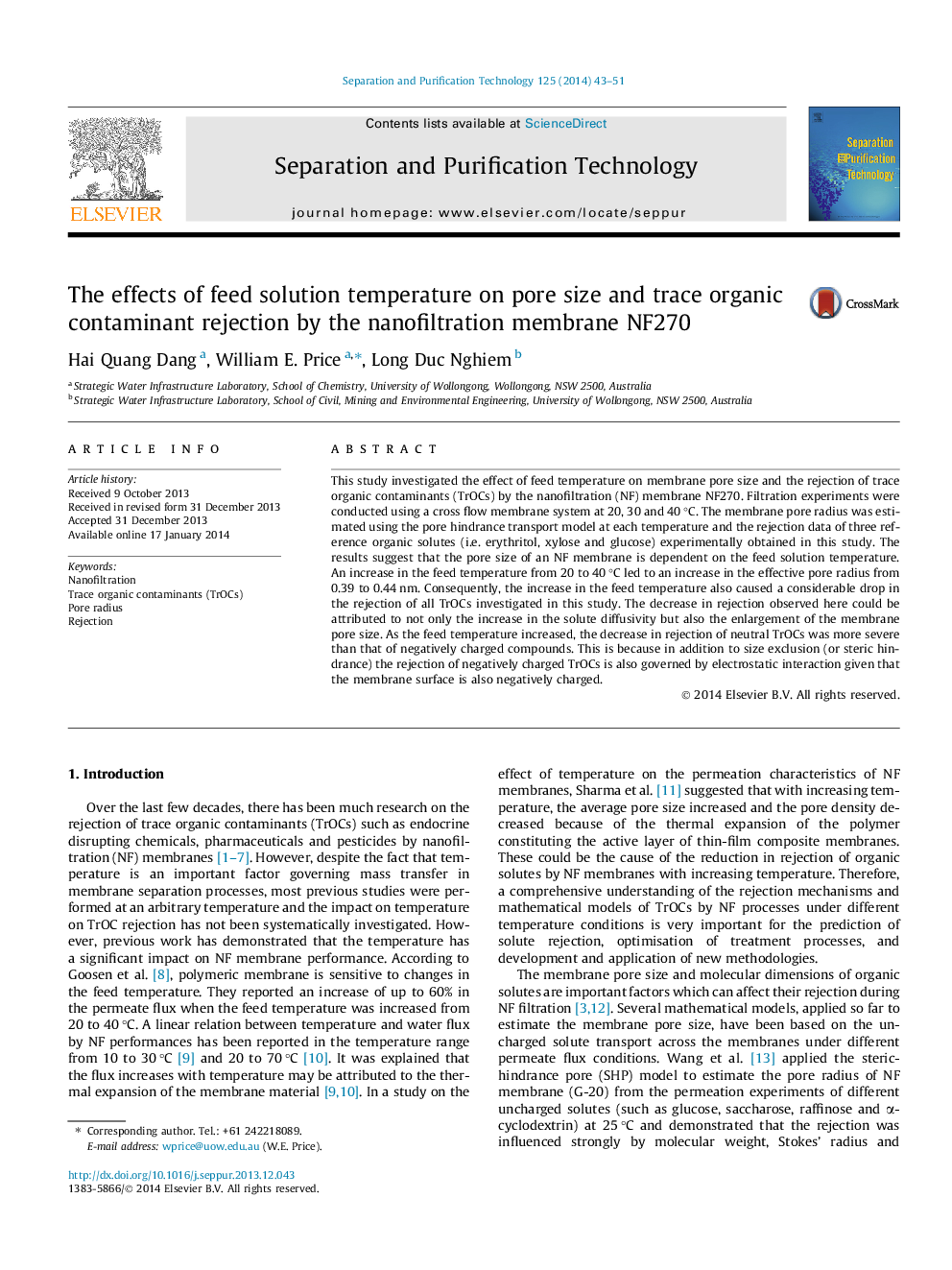 The effects of feed solution temperature on pore size and trace organic contaminant rejection by the nanofiltration membrane NF270