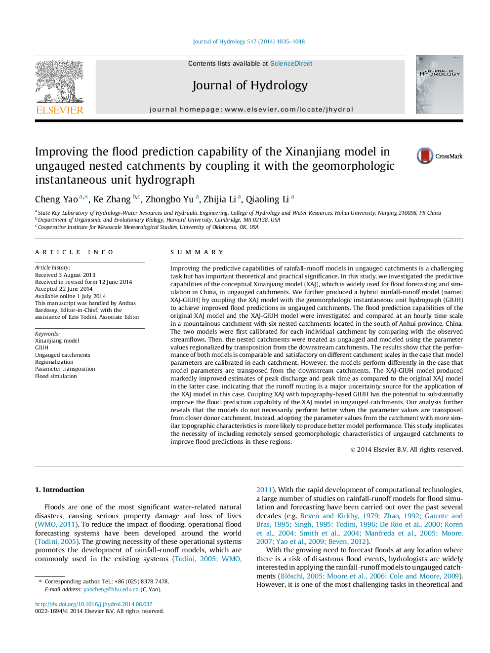 Improving the flood prediction capability of the Xinanjiang model in ungauged nested catchments by coupling it with the geomorphologic instantaneous unit hydrograph