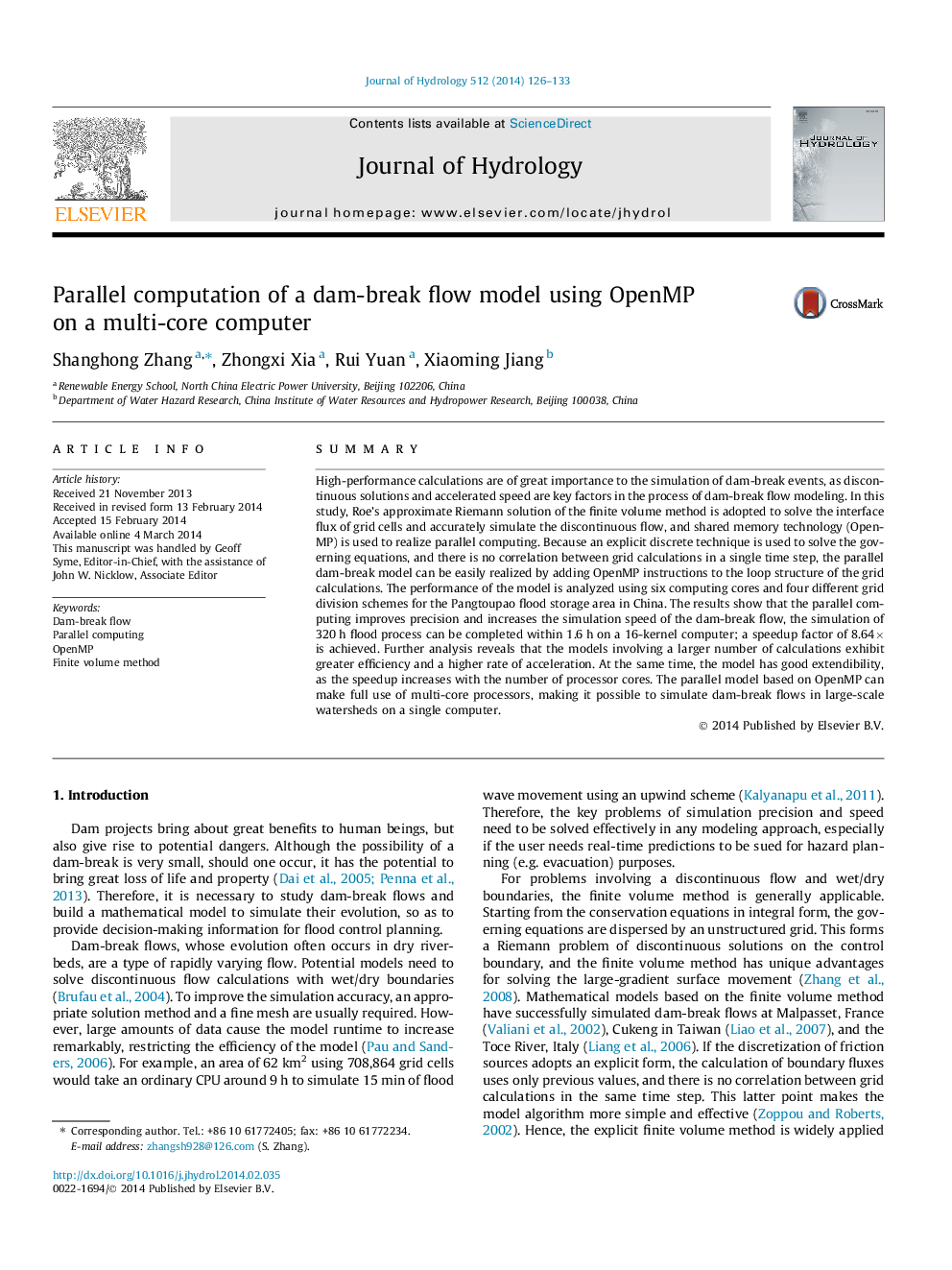 Parallel computation of a dam-break flow model using OpenMP on a multi-core computer