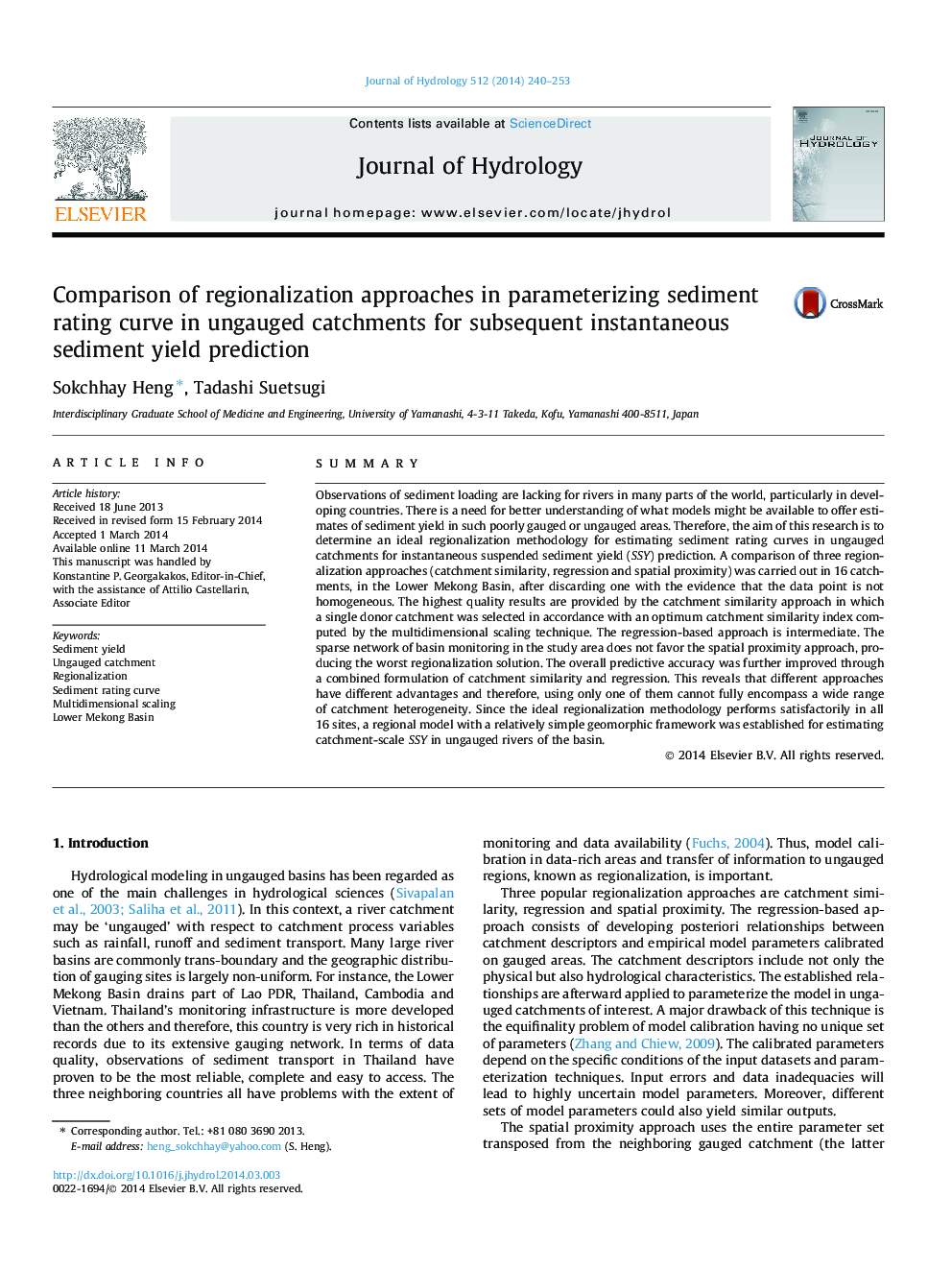 Comparison of regionalization approaches in parameterizing sediment rating curve in ungauged catchments for subsequent instantaneous sediment yield prediction