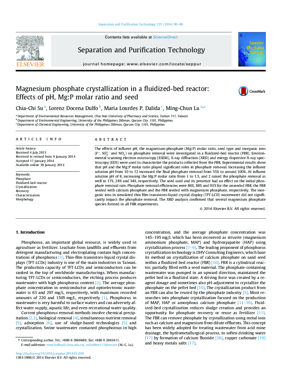 Magnesium phosphate crystallization in a fluidized-bed reactor: Effects of pH, Mg:P molar ratio and seed