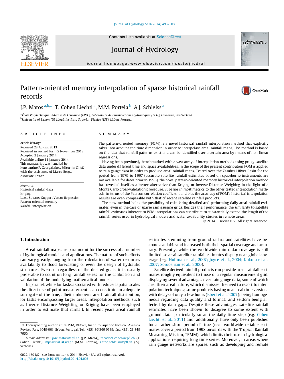 Pattern-oriented memory interpolation of sparse historical rainfall records