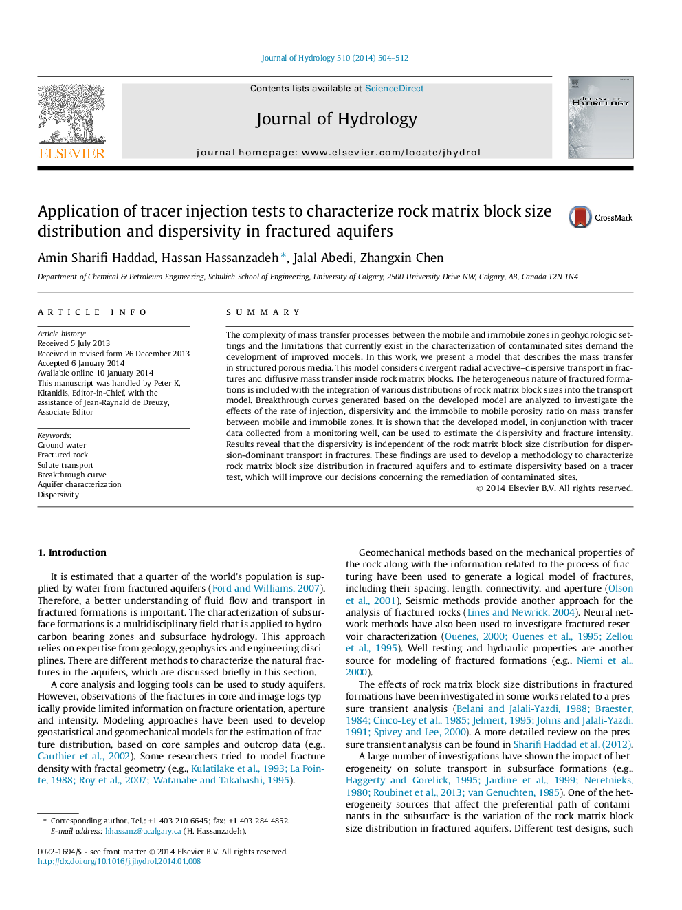 Application of tracer injection tests to characterize rock matrix block size distribution and dispersivity in fractured aquifers