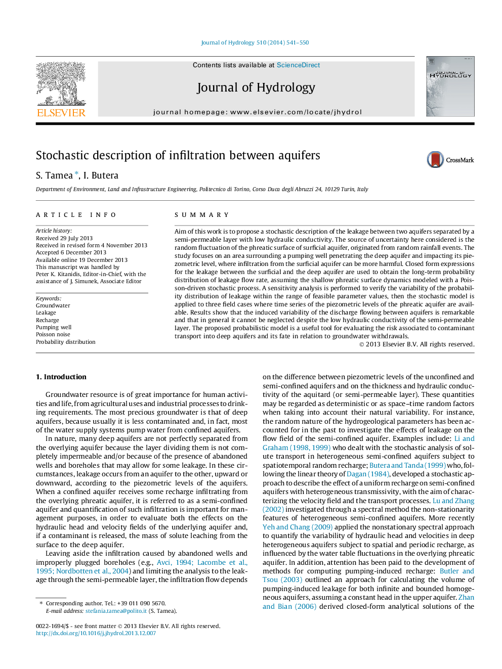 Stochastic description of infiltration between aquifers