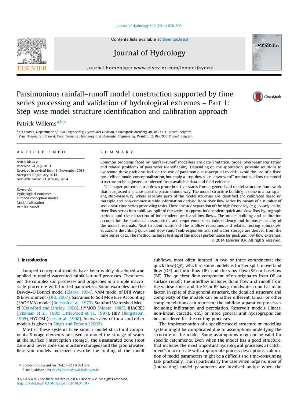 Parsimonious rainfall-runoff model construction supported by time series processing and validation of hydrological extremes - Part 1: Step-wise model-structure identification and calibration approach