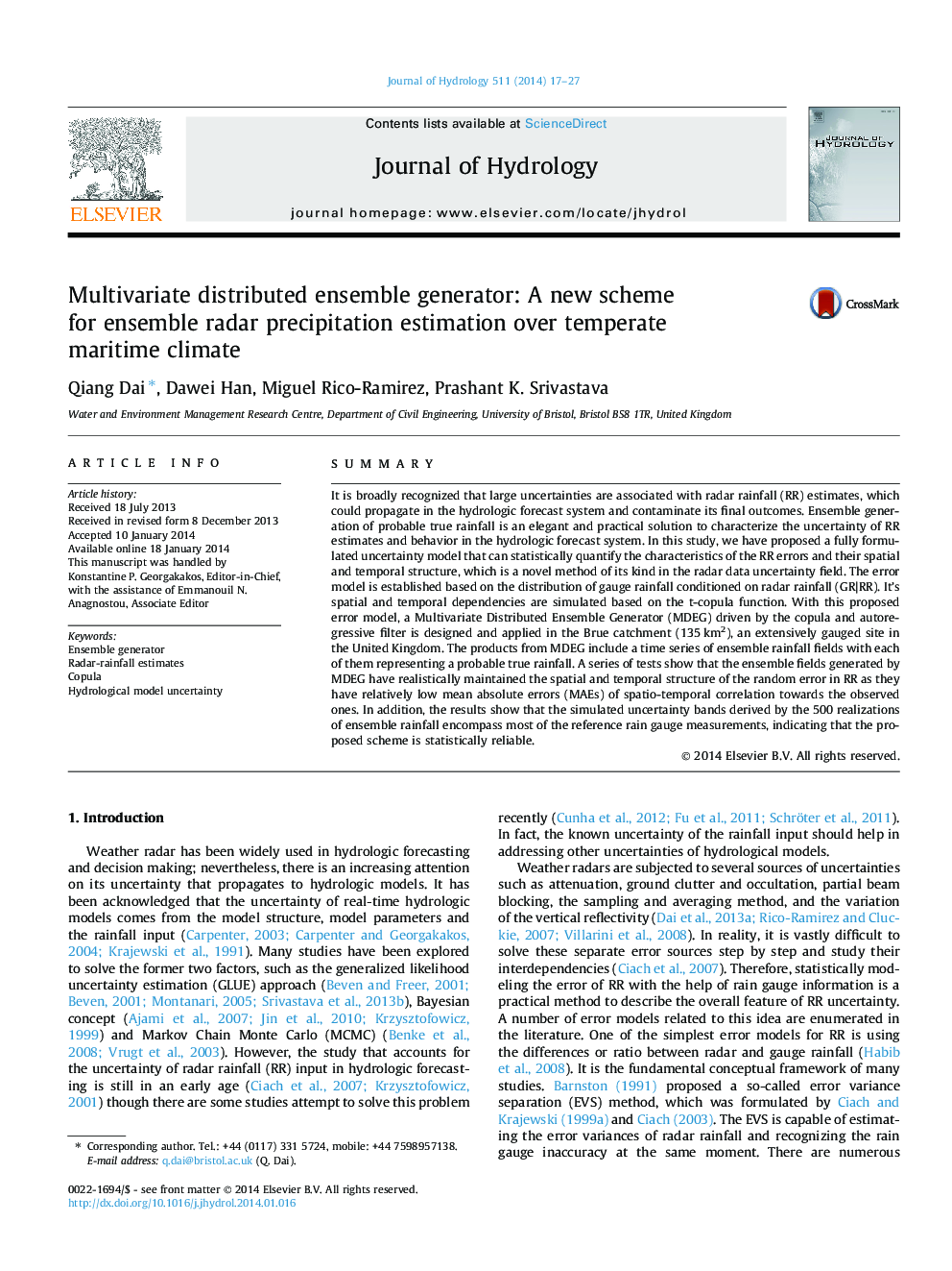 Multivariate distributed ensemble generator: A new scheme for ensemble radar precipitation estimation over temperate maritime climate