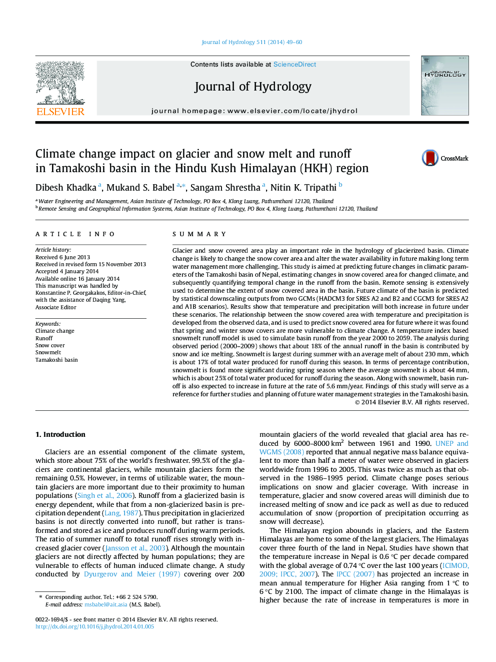 Climate change impact on glacier and snow melt and runoff in Tamakoshi basin in the Hindu Kush Himalayan (HKH) region