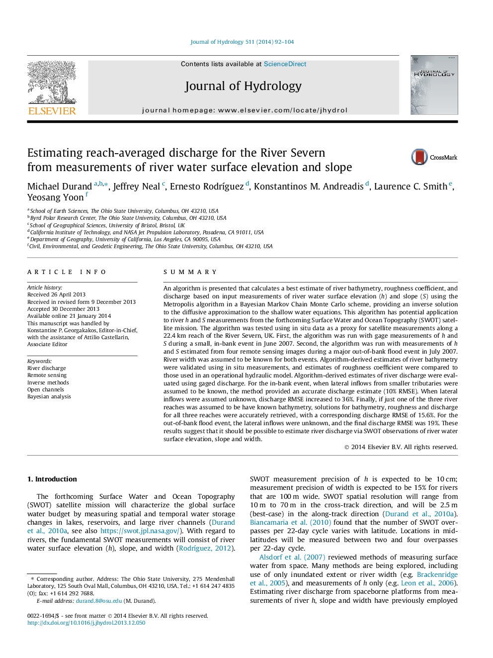 Estimating reach-averaged discharge for the River Severn from measurements of river water surface elevation and slope