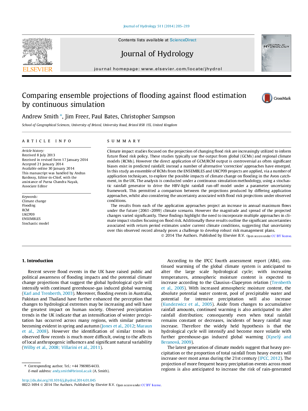 Comparing ensemble projections of flooding against flood estimation by continuous simulation