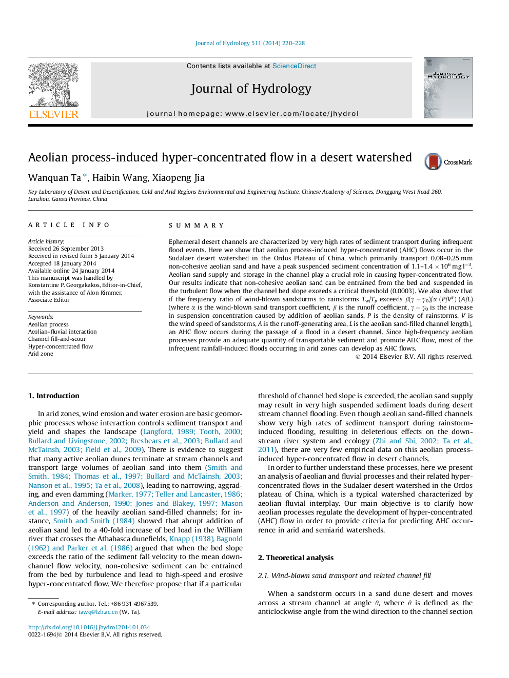 Aeolian process-induced hyper-concentrated flow in a desert watershed