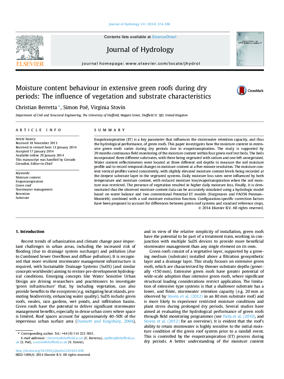 Moisture content behaviour in extensive green roofs during dry periods: The influence of vegetation and substrate characteristics