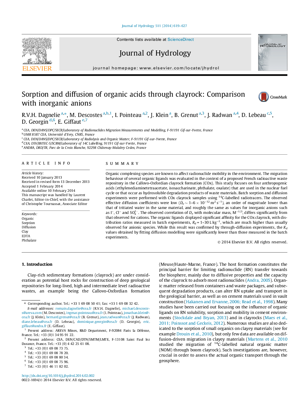 Sorption and diffusion of organic acids through clayrock: Comparison with inorganic anions