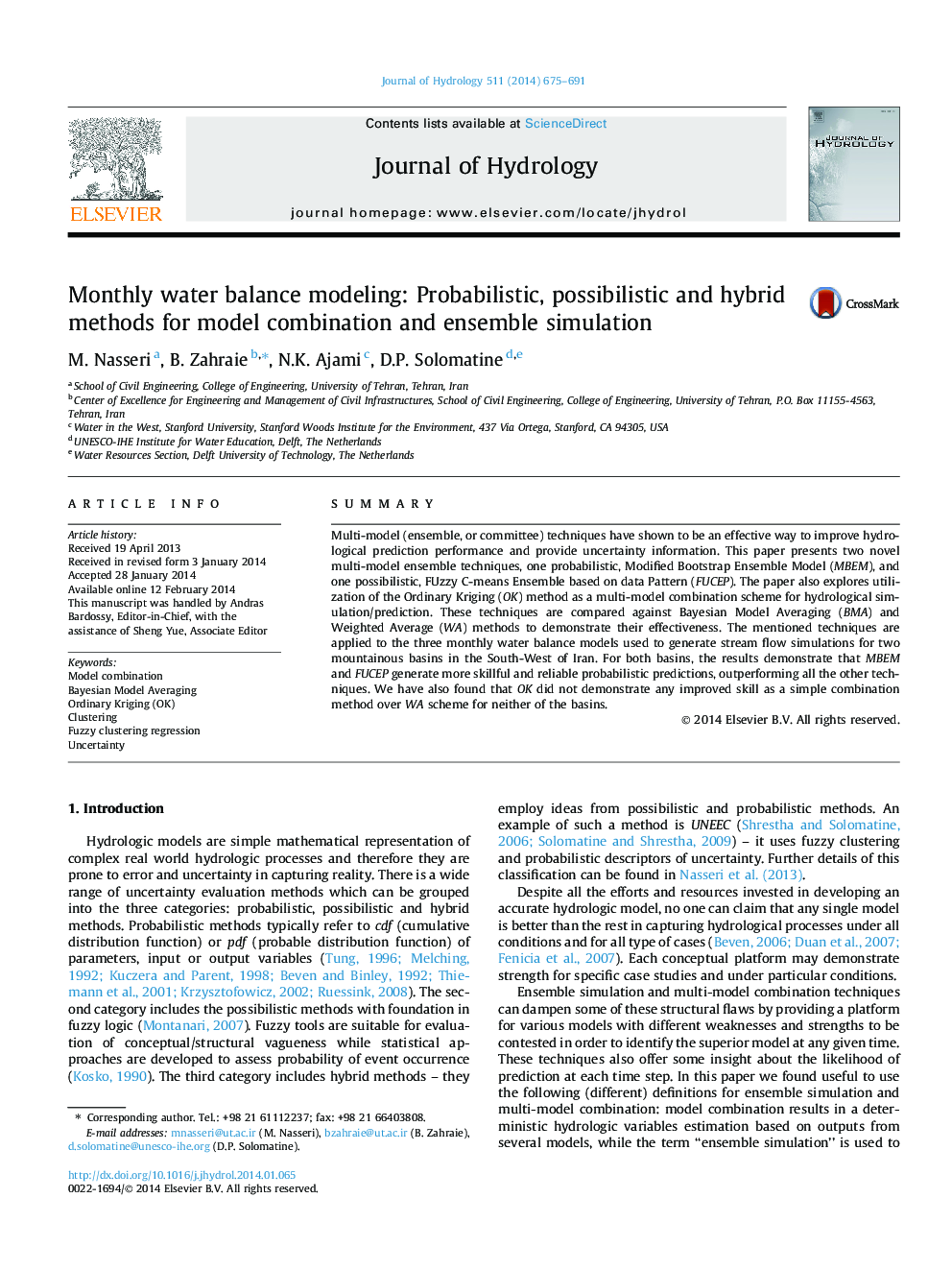 Monthly water balance modeling: Probabilistic, possibilistic and hybrid methods for model combination and ensemble simulation