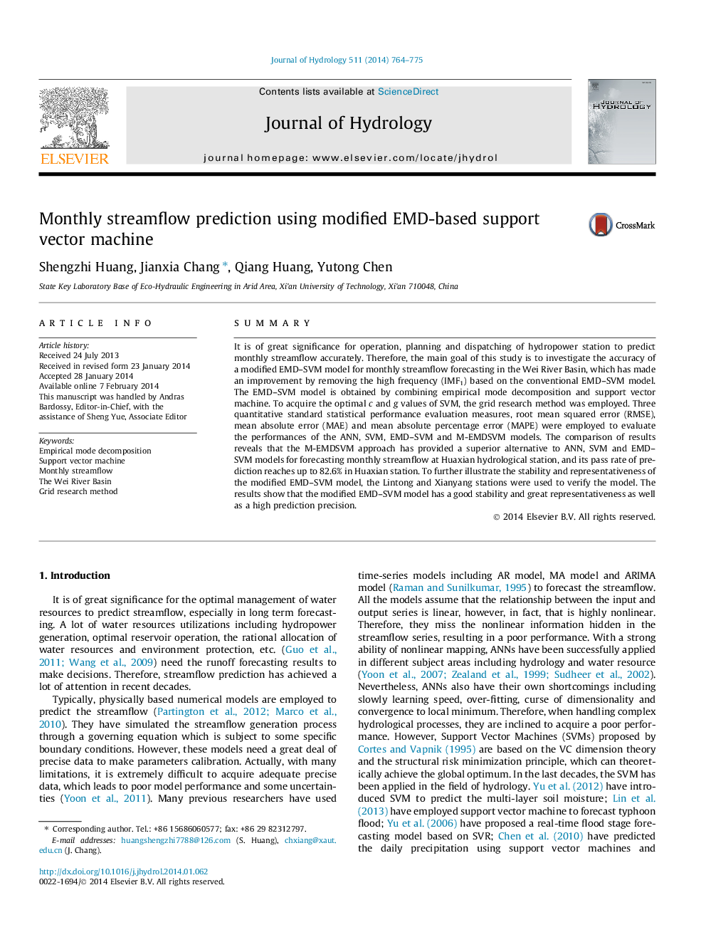 Monthly streamflow prediction using modified EMD-based support vector machine