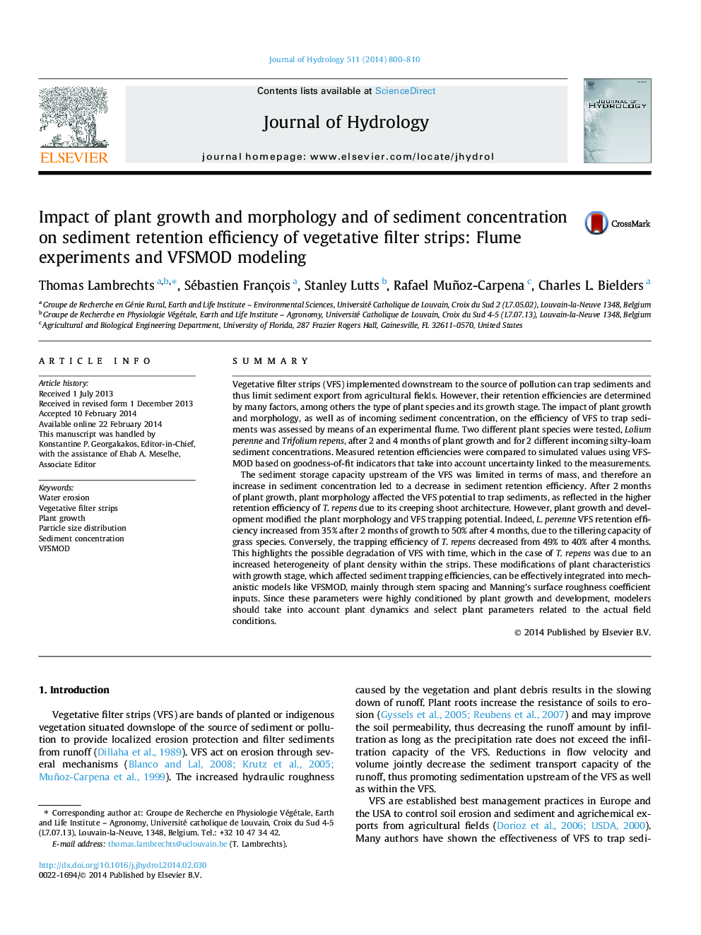 Impact of plant growth and morphology and of sediment concentration on sediment retention efficiency of vegetative filter strips: Flume experiments and VFSMOD modeling