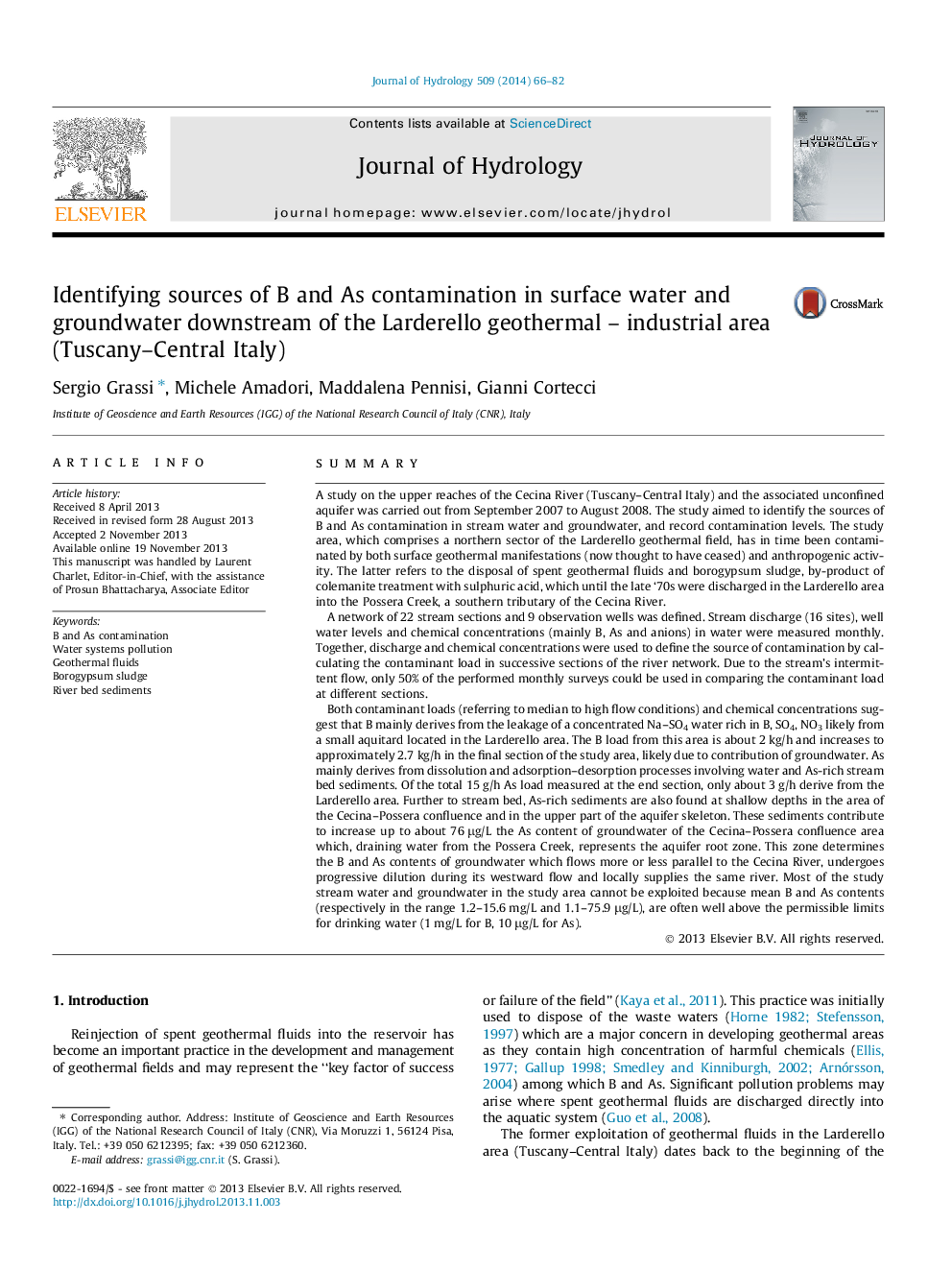 Identifying sources of B and As contamination in surface water and groundwater downstream of the Larderello geothermal - industrial area (Tuscany-Central Italy)