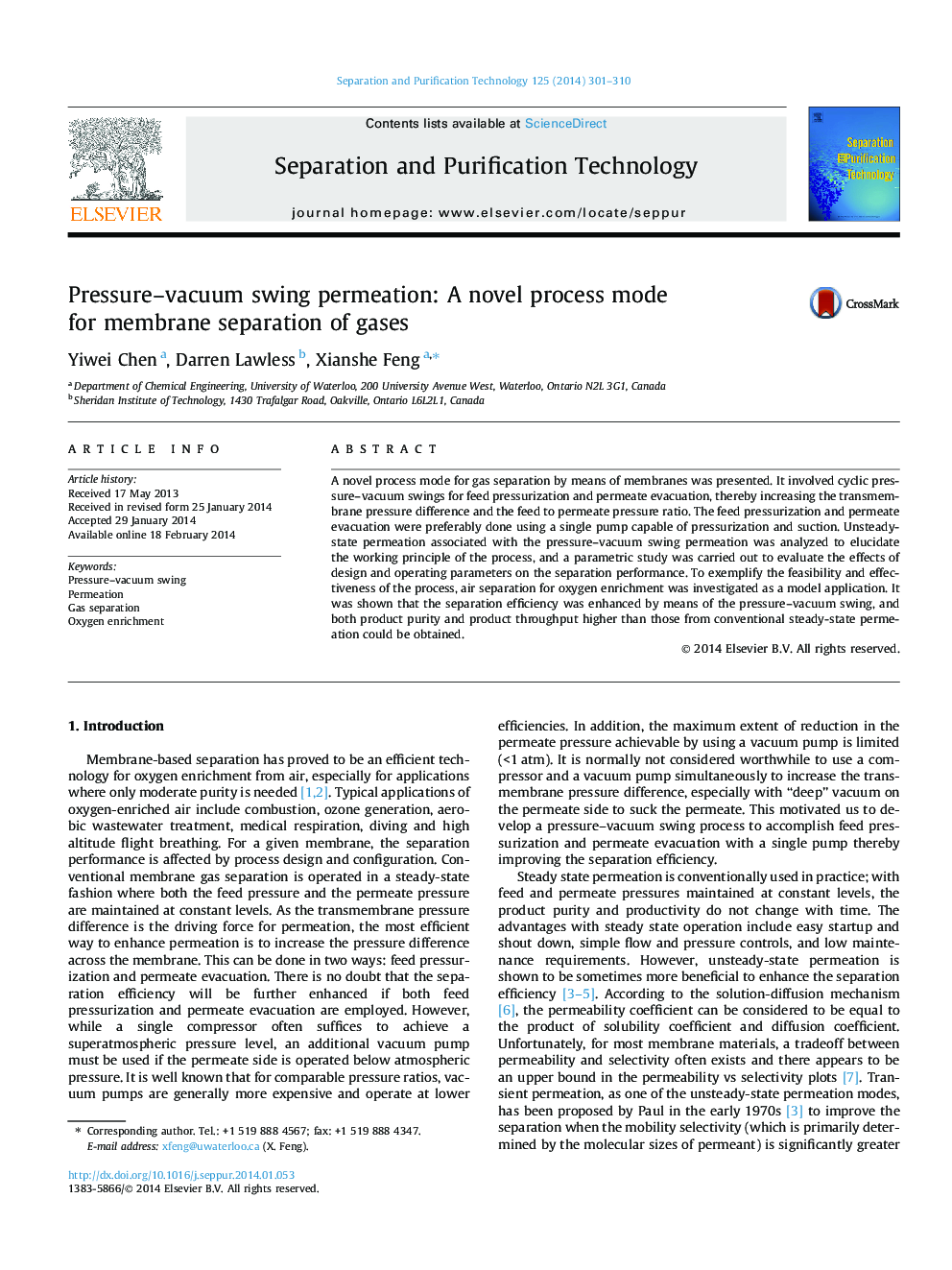 عکس صفحه اول مقاله: Pressure–vacuum swing permeation: A novel process mode for membrane separation of gases Pressure–vacuum swing permeation: A novel process mode for membrane separation of gases